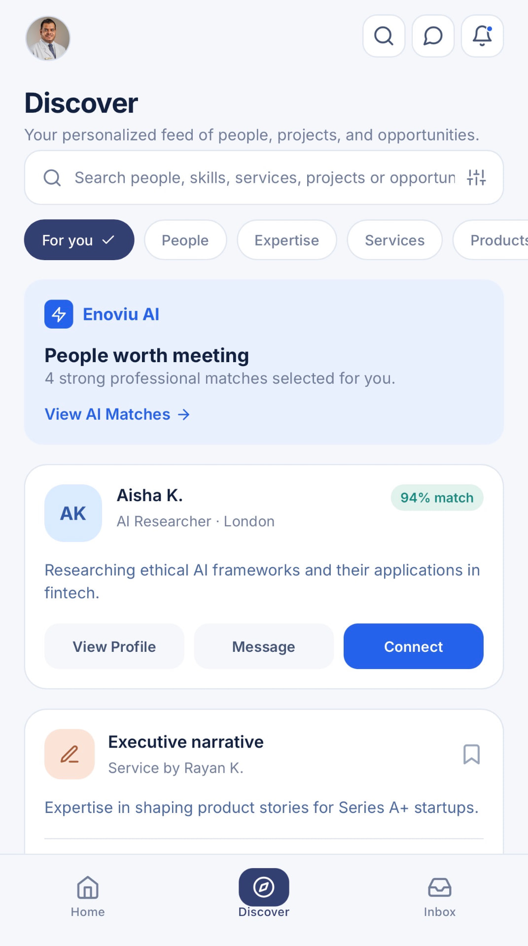 Enoviu Discover screen with AI-powered matches
