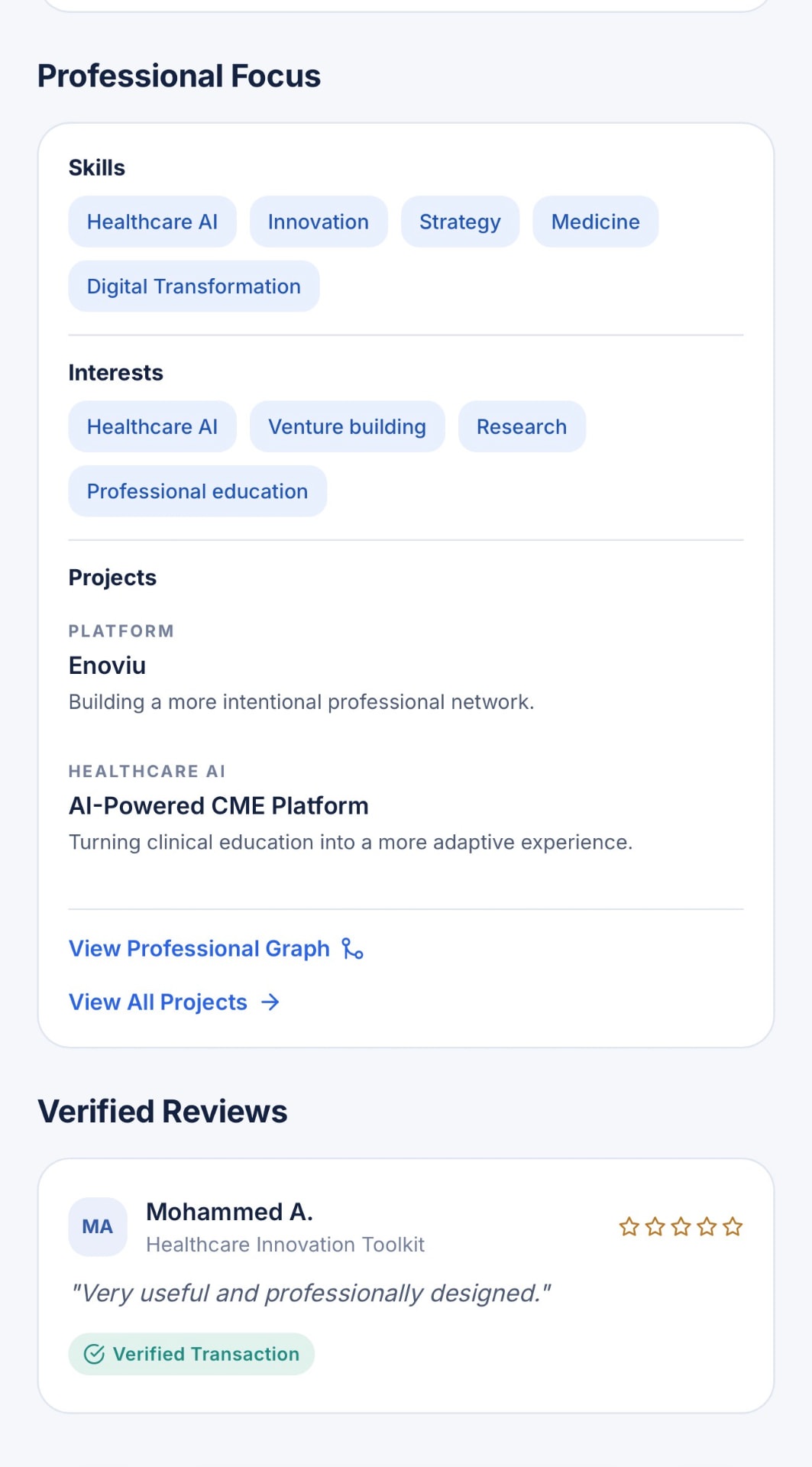 Professional focus with skills, interests and projects