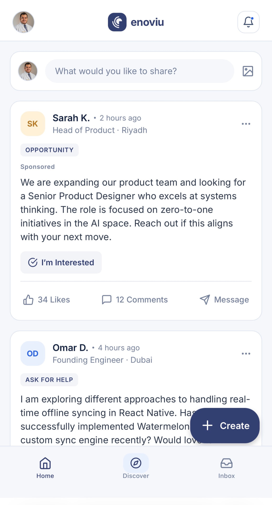 Enoviu Home feed with professional updates and opportunities
