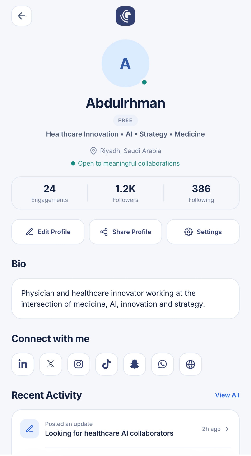 Enoviu profile screen showing professional identity